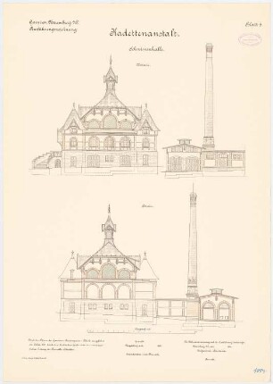 Kadettenanstalt der Garnison, Naumburg/Saale: Schwimmhalle: Aufriss Ostansicht, Westansicht 1:100