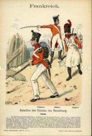 Uniformdarstellung, Voltigeur, Offizier und Sappeur des Bataillons "Neuenburg", Erstes Kaiserreich Frankreich, 1810.