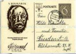 WHW-Postkarte mit Porträt und Zitat von Otto von Bismarck