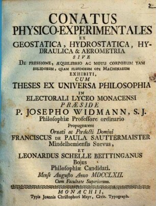 Conatus phys. experiment. ex geostatica, hydrostatica, hydraulica et aerometria ...