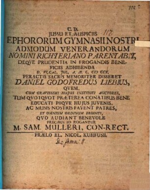 Iussu et auspiciis ephororum gymnasii ... nomini Richteriano parentabit ... Daniel Gothofredus Liebius : [Programma ad hunc actum invitatorium, continens continuationem de fama]