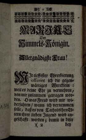 Mariä Der Himmels-Königin. [Dedicatio.]