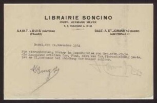 Quittung der Librairie Soncino von Herrmann Meyer (1901-1972)