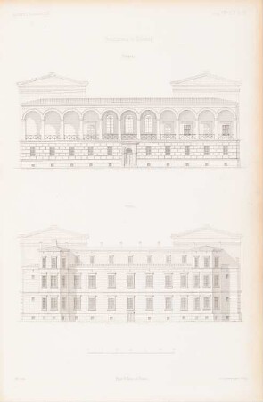 Gerichtshaus, Elberfeld: Westansicht, Ostansicht (aus: Atlas zur Zeitschrift für Bauwesen, hrsg. v. G. Erbkam, Jg. 2, 1852)