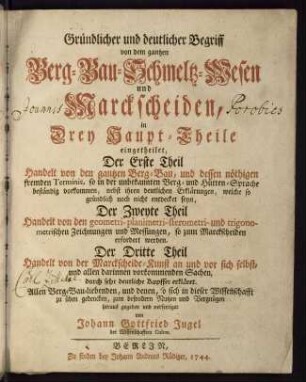 Gründlicher und deutlicher Begriff von dem gantzen Berg-Bau-Schmeltz-Wesen : in 3 Haupt-Theile eingetheilet