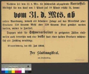 Bekanntmachung des Stadtmagistrats Braunschweig zur Zuteilung von Brot und Brotkarten