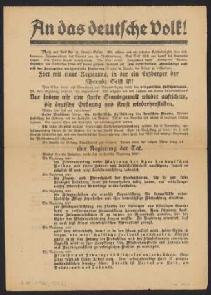 An das deutsche Volk! : Reich und Volk sind in schwerer Gefahr