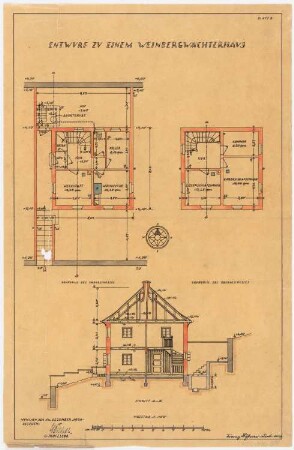 Weinbergwächterhaus: Grundriss Erd- und Obergeschoss, Schnitt 1:100