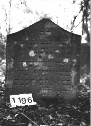Grabstein 1196 (Index: 99899951) Material: Sandstein Zustand: angewittert Maße HxBxT: 79x66x10 cm Beschreibung: Stele mit geschwungenem, oben abgeflachtem Dreiecksabschluss, im Dreiecksfeld Ranken Symbolik: Ranken: Grabstein 1196
