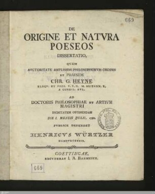 De Origine Et Natvra Poeseos Dissertatio
