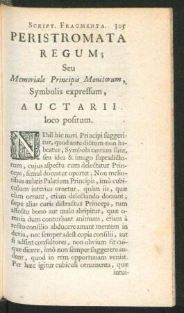 Peristromata Regum; Seu Memeoriale Principis Monitorum, Symbolis expressum, Auctarii loco positum.