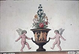 Putten mit antiken Vasen, florale Motive und Darstellung der Göttin Flora mit Begleitern