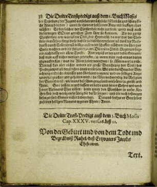 Die Dritte Trost-Predigt auß dem I. Buch Mosis Cap. XXXV. vers. 16. biß 21. Von der Geburt und von dem Todt und Begräbniß Rahel/ deß Ertzvaters Jacobs Ehefrawen.