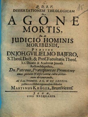 Dissertationem theologicam de agone mortis, seu de iudicio hominis moribundi