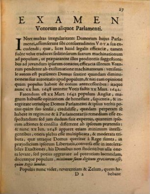 Examen diversorum votorum dominorum et communium congregatorum in parlamento, concernentium eos qui capiunt arma contra parlamentum Angliae ...