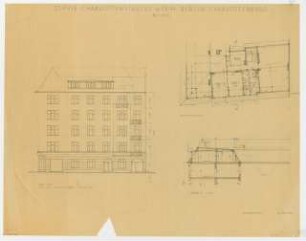 Wohnhäuser Kaiserdamm 10-12 / Sophie-Charlottenburg-Straße 73-74, Berlin-Charlottenburg: Grundriss und Schnitt Dachgeschoss, Ansicht 1:100