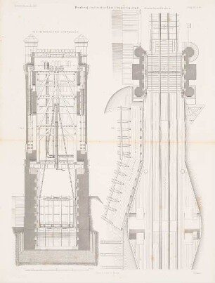 Homberg-Ruhrorter Rhein-Trajektanstalt, Duisburg: Vertikalschnitt AB, Horizontalschnitt CD Hebeturm (aus: Atlas zur Zeitschrift für Bauwesen, hrsg. v. G. Erbkam, Jg. 7, 1857)