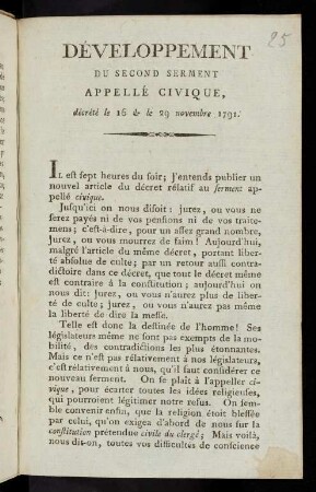 Développement Du Second Serment Appellé Civique : décrété le 16 & le 29 novembre 1791