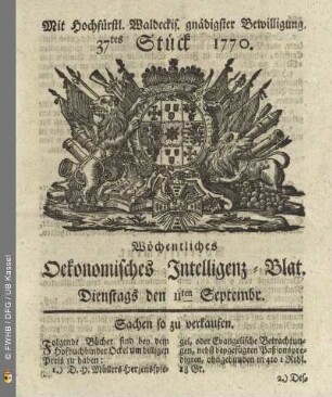 37tes Stueck, Dienstags den 11ten Septembr. 1770