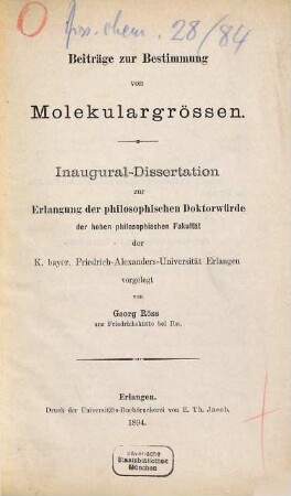Beiträge zur Bestimmung von Molekulargrössen