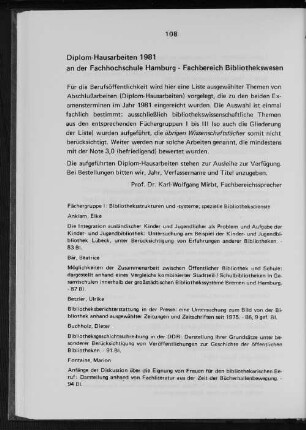 Diplom-Hausarbeiten 1981 an der Fachhochschule Hamburg - Fachbereich Bibliothekswesen
