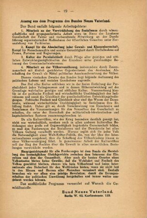 19, Auszug aus dem Programm des Bundes Neues Vaterland