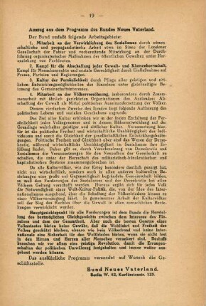 19, Auszug aus dem Programm des Bundes Neues Vaterland