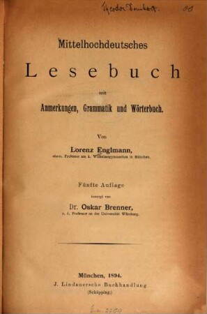 Mittelhochdeutsches Lesebuch : mit Anmerkungen, Grammatik und Wörterbuch