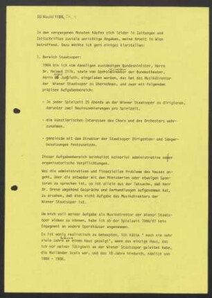 Klarstellung und Darlegung seiner verschiedenen künstlerischen Aufgaben in Wien