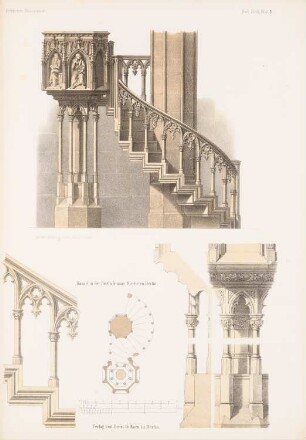 St. Bartholomäuskirche, Berlin: Grundriss, Ansicht, Details Kanzel (aus: Architektonisches Skizzenbuch, H. 49/1, 1861)