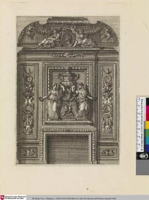 [Kaminentwurf mit zwei eine Vase flankierenden weiblichen Skulpturen als Aufsatz; Cheminée intégrée dans un ensemble de lambris]