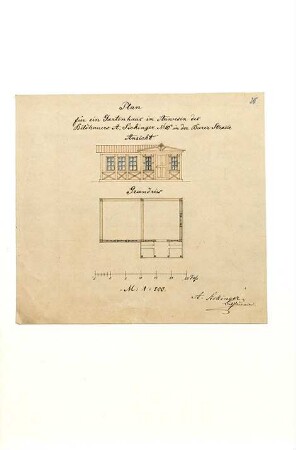 Entwurfszeichnung für ein Gartenhaus auf dem Anwesen des Bildhauers Anselm Sickinger in der Barerstraße Nr. 10