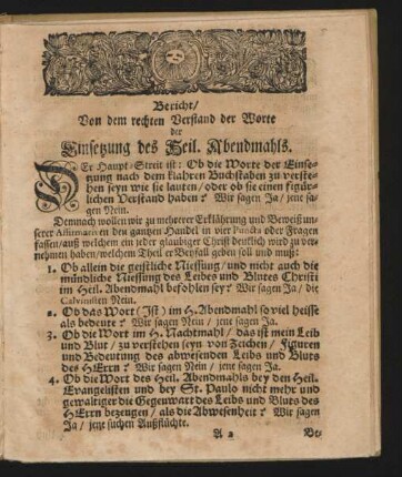 Bericht / Von dem rechten Verstand der Worte der Einsetzung des Heil. Abendmahls
