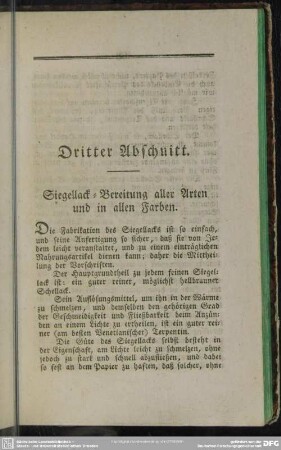 Dritter Abschnitt. Siegellack-Bereitung aller Arten und in allen Farben