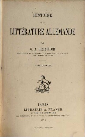 Histoire de la Littérature Allemande, I