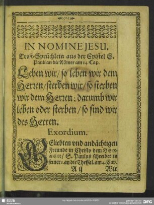 Leichenpredigt : Leichen-Predigt H. Heinrichs von Rüssel, Trost-Sprüchlein, Exordium, Explicatio Textus