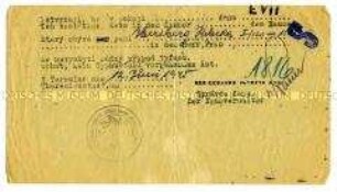 Bescheinigung in tschechischer Sprache für eine ehemalige Insassin des KZ Theresienstadt, dass es in ihrem Wohnhaus keinen Typhusfall gegeben hat