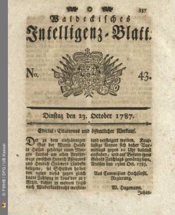 No. 43. Dinstag den 23. October 1787