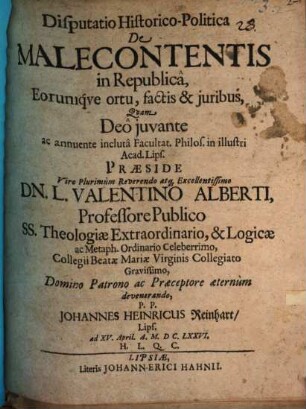 Disp. hist. pol. de malecontentis in republica, eorumque ortu, factis et iuribus