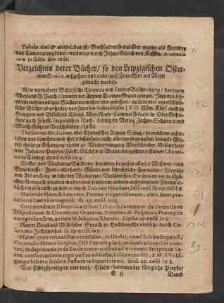Verzeichnis derer Bücher/ so den Leipzigischen Ostermarckt 1629. außgehen/ und nicht nach Franckfurt am Meyn gebracht worden.