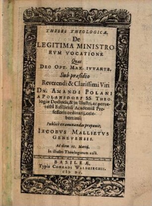 Theses Theologicae, De Legitima Ministrorum Vocatione