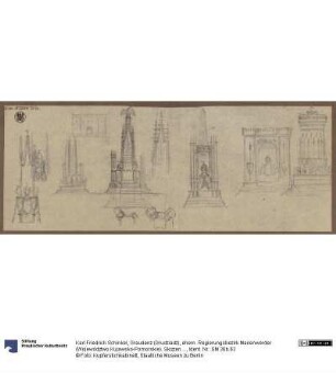 Graudenz (Grudziądz), ehem. Regierungsbezirk Marienwerder (Województwo Kujawsko-Pomorskie). Skizzen zum Denkmal für Wilhelm de Courbière mit Filialen, Obelisk-, Tor- und Turmformen