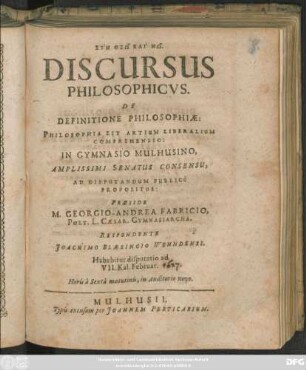 Discursus Philosophicus. De Definitione Philosophiae : Philosophia Est Artium Liberalium Comprehensio