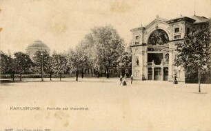 Postkartenalbum mit Motiven von Karlsruhe. "Karlsruhe. Festhalle und Vierordtbad". Eingangsbereich der Festhalle
