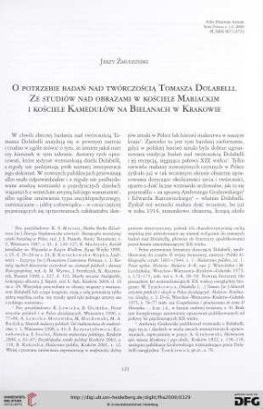 N.S. 12.2009: O potrzebie badań nad twórczością Tomasza Dolabelli : ze studiów nad obrazami w kościele Mariackim i kościele Kamedułów na Bielenach w Krakowie