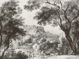 Italienische Landschaft mit Hüteknaben und einer Stadt im Hintergrund