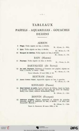 Tableaux - Pastels - Aquarelles - Gouaches - Dessins (Nr. 8-164)