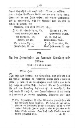 VII. An den Herausgeber des Journals Hamburg und Altona. Edle Handlungen.