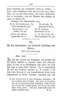 VII. An den Herausgeber des Journals Hamburg und Altona. Edle Handlungen.