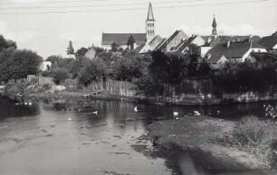 Meseritz, Stadtansicht : Meseritz (Miedzyrzecze). Stadtansicht mit Pfarrkirche. Blick über die Mündung der Packlitz in die Obra nach Osten